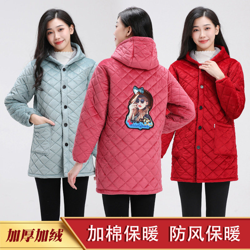 加绒加厚保暖罩衣女士大人加棉防寒围裙厨房棉衣外套中长款工作服