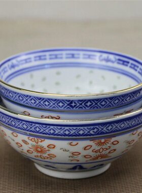 景德镇陶瓷餐具经典老样式高温青花玲珑饭碗斗彩描金碗甜品饮品碗