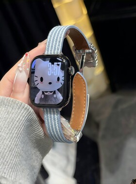 可爱猫条纹牛仔磁吸表带适用于苹果手表applewatch11/10/SEiwatch