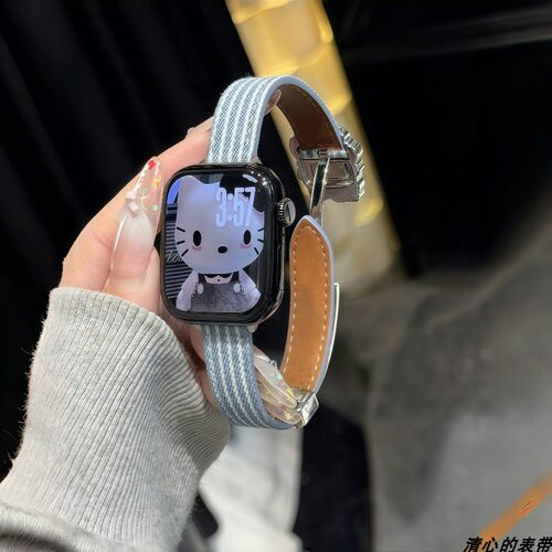 可爱猫条纹牛仔磁吸适用苹果表带