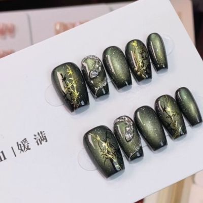 媛满【幽竹灵蛇】猫眼锆石蛇头竹林纯手工穿戴美甲短款新款