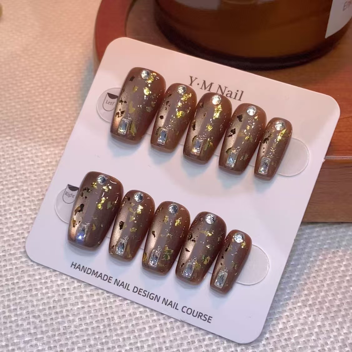 媛满【摩卡】猫眼金箔虾线纯手工穿戴美甲短款新款