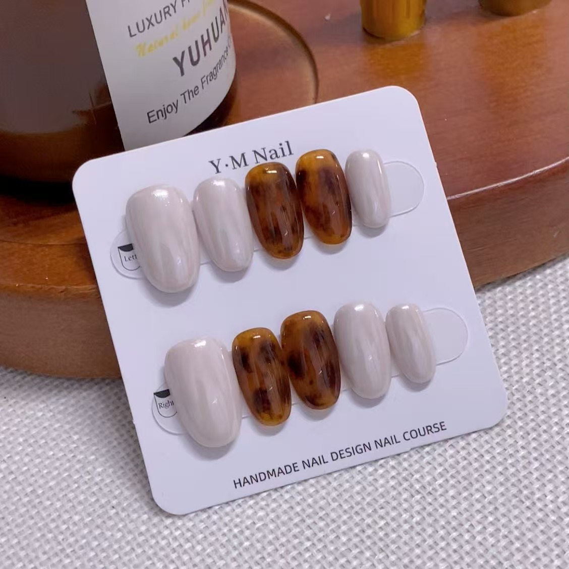 媛满【秋日私语】月光单色琥珀晕染手绘纯手工美甲穿戴甲中长款