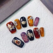 马年限定手绘猫眼纯手工穿戴美甲长短款 媛满 鎏金岁马 高级感