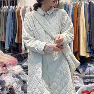 MB冬季休闲棉衣翻领显瘦中长款宽松棉服日系菱形格版型超好两色