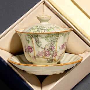 汝窑春燕米黄三才盖碗可养单个敬茶碗大号泡茶碗复古家用功夫茶具