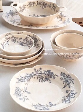 Annie Garden 大厂订单 法式复古风灰蓝雀语奶油色釉下彩陶瓷餐具