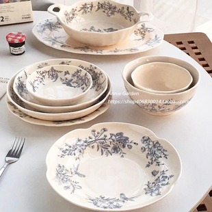 法式 大厂订单 复古风灰蓝雀语奶油色釉下彩陶瓷餐具 Garden Annie
