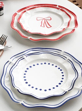 Annie Garden 外贸出口 法式手绘花边陶瓷西餐盘意面甜品牛排菜盘