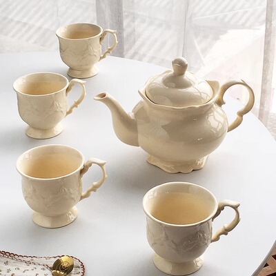 Annie Garden 外贸出口 法式复古轻奢奶黄精致浮雕陶瓷咖啡红茶壶