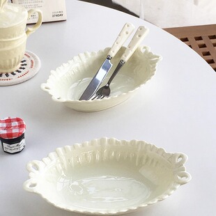 Annie Garden 外贸出口 法式复古浮雕陶瓷蝴蝶结深盘菜汤盘沙拉盘