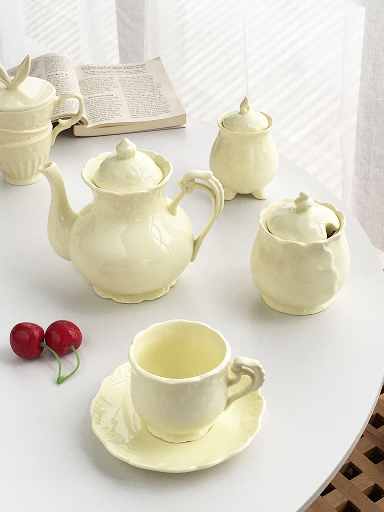 Annie Garden 大厂订单 法式复古风浮雕奶黄色陶瓷糖罐咖啡壶微瑕