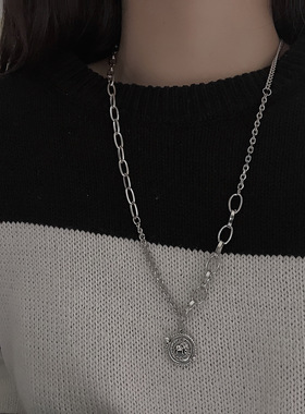 新款感拼接项链男女ins嘻哈圆牌小象吊坠简约百搭毛衣链