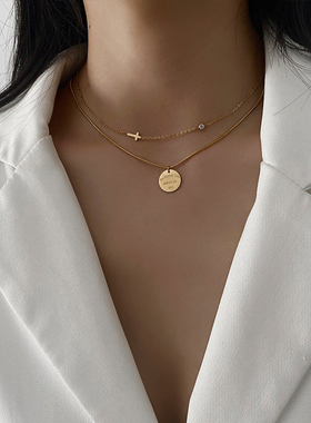 双层冷淡风欧美圆牌字母锁骨链