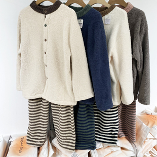 2025冬季新款半边绒休闲时尚两件套条纹裤子保暖不起球套装