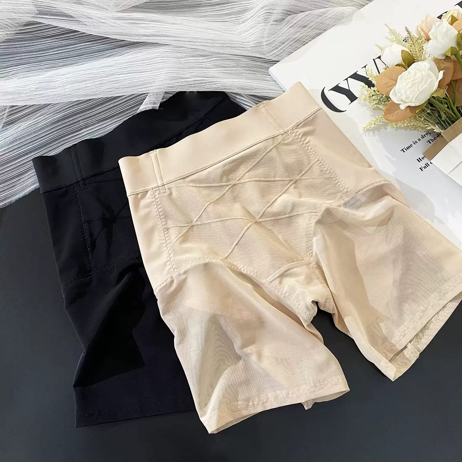 收腹裤女士新款中腰无痕塑身美体内裤蕾丝网纱拼接透气舒适打底裤