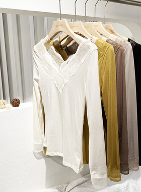 XX19169秋冬内衣套装女新款蕾丝V领性感薄款秋衣秋裤两件套保暖