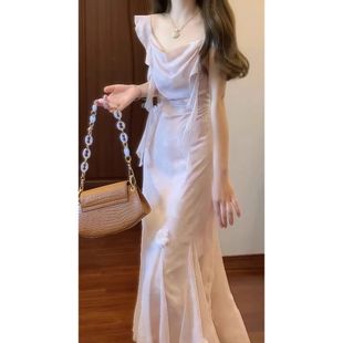 法式小飞袖吊带连衣裙子女夏季2025新款海边度假气质绝美收腰长裙