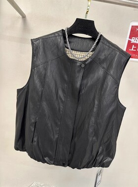 高级欧货新款圆领无袖格子内衬皮衣马甲女2025年秋季新款百搭上衣