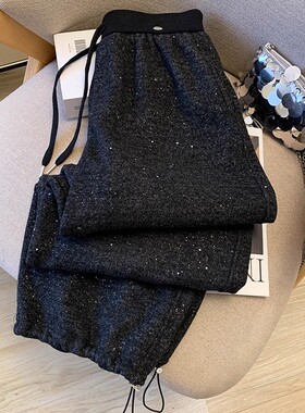 高级感重工烫钻阔腿裤女秋冬加绒加厚弯刀裤拼接抽绳高腰直筒卫裤