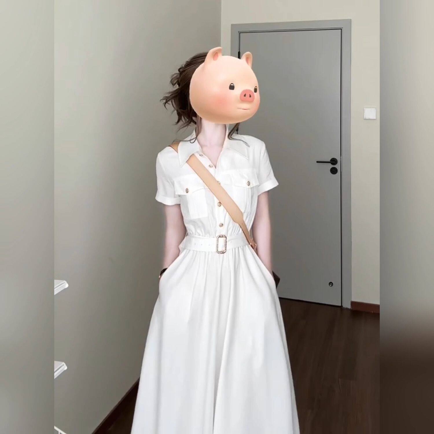 法式气质白色工装衬衫短袖连衣裙女2025夏装新款收腰显瘦中长裙子