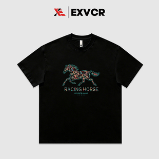EXVCR潮牌重磅纯棉落肩短袖T恤男士马年花纹夏天休闲半袖设计感