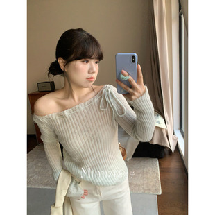 米米子微胖大码胖mm“薄荷清茶”休闲薄荷浅绿斜肩系带针织上衣春