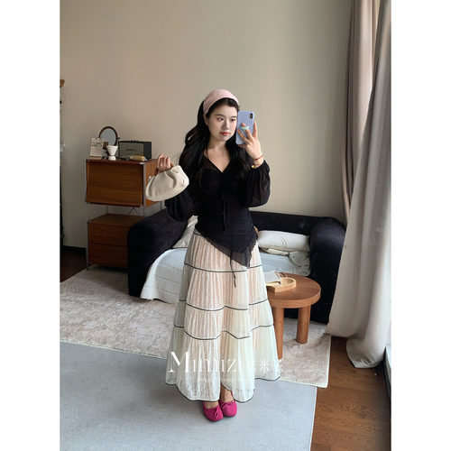 米米子微胖大码胖mm 时尚松紧腰显瘦修身松紧腰蕾丝网纱拼接半裙