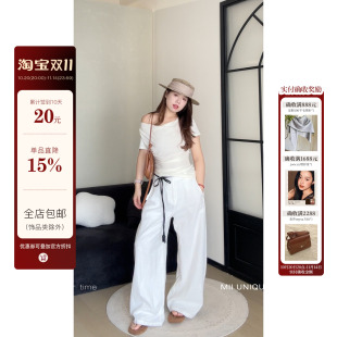 休闲松弛舒适阔腿长裤 白色棉麻弯刀裤 麻感松弛 米米子微胖大码
