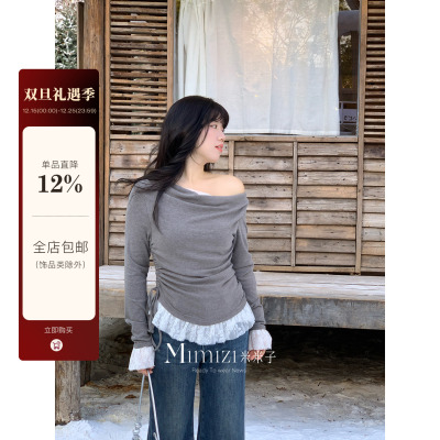米米子微胖大码胖mm“斜奏灰律”甜美风假两件修身蕾丝拼接上衣冬