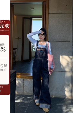现货米米子微胖大码胖mm 休闲别致清新纽扣高腰直筒牛仔背带裤春