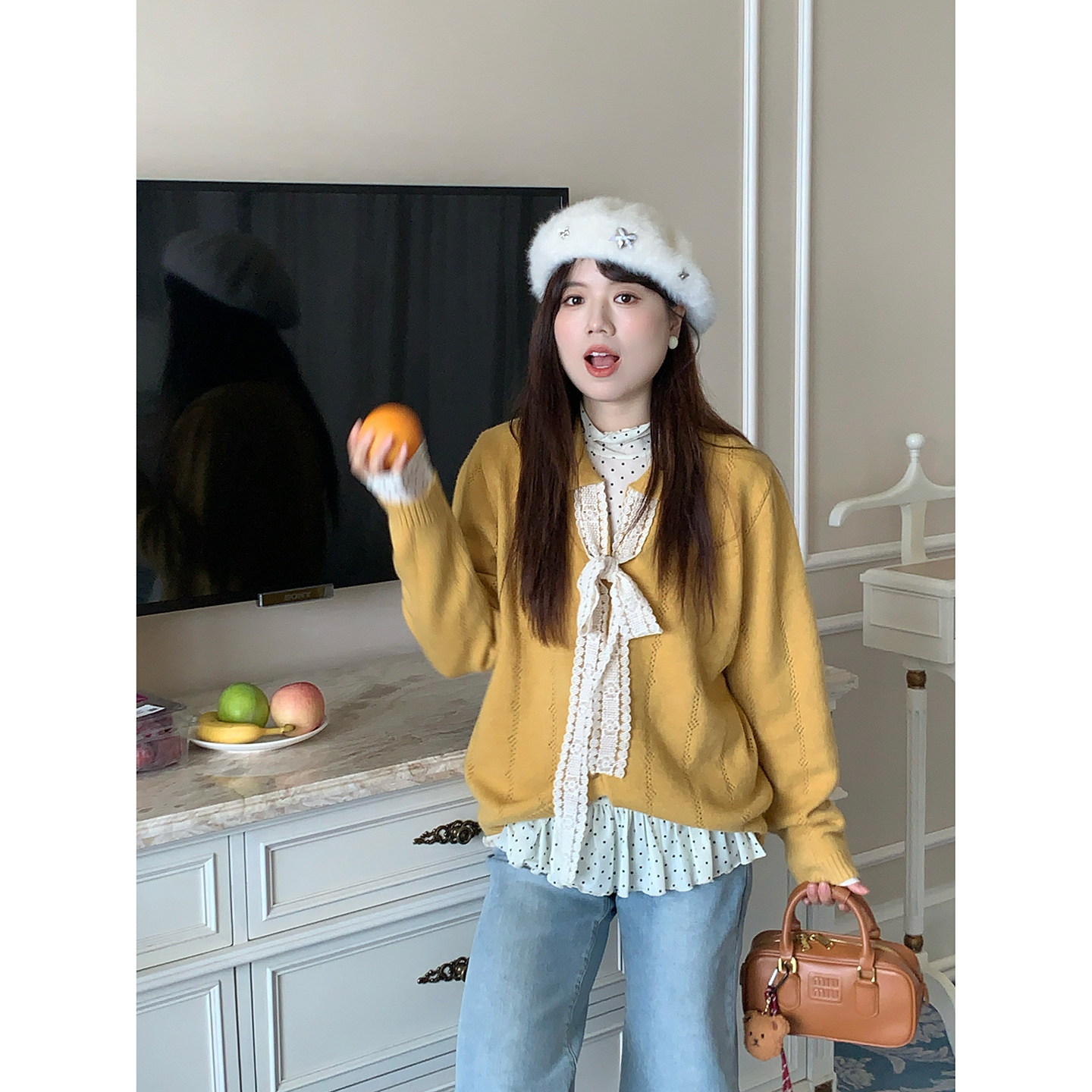 米米子 10/5 20点  “一颗Orange”橙黄色蕾丝蝴蝶结系带毛衣上衣