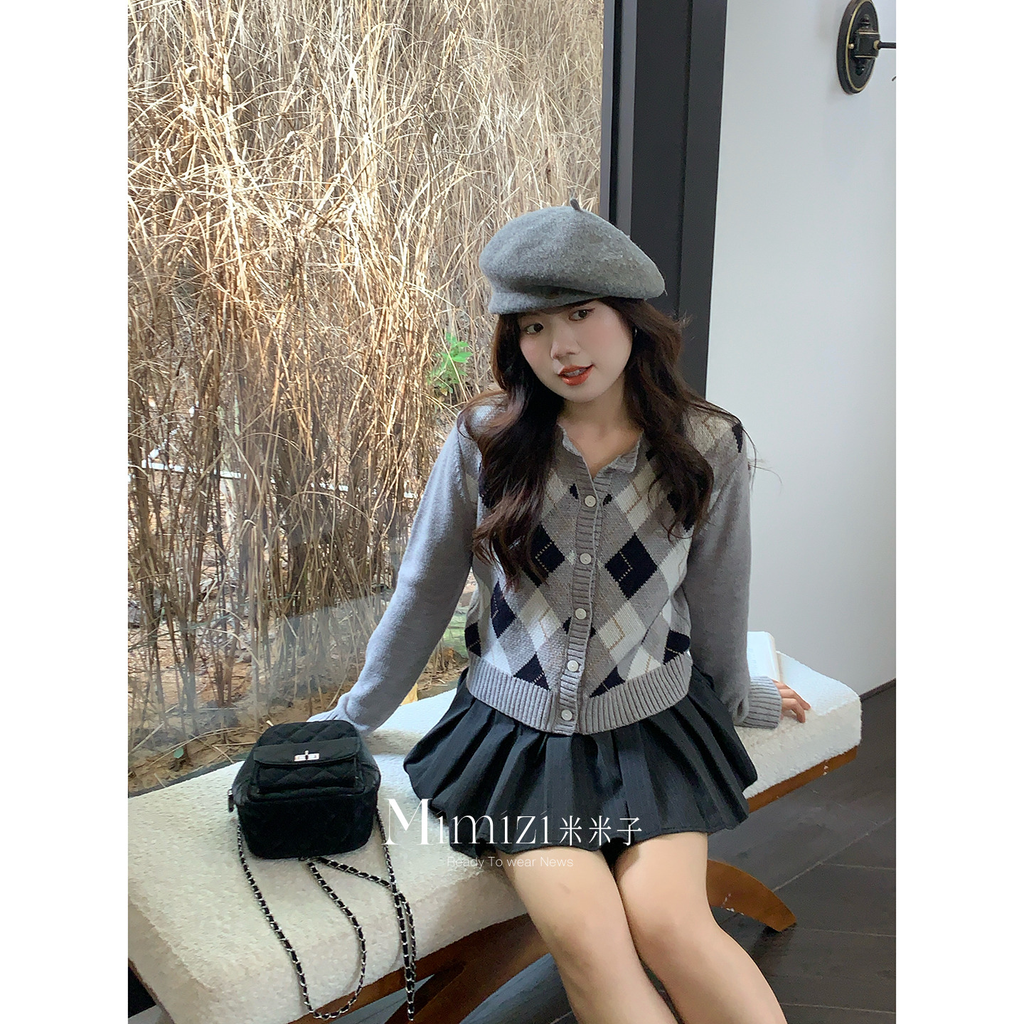 米米子微胖大码胖mm“缪尔手记”甜美气质时尚菱格纹开衫毛衣女秋