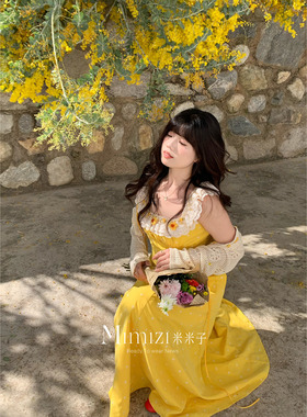 米米子微胖大码胖mm“日不落帝国”甜美明媚黄无袖一字领连衣裙春