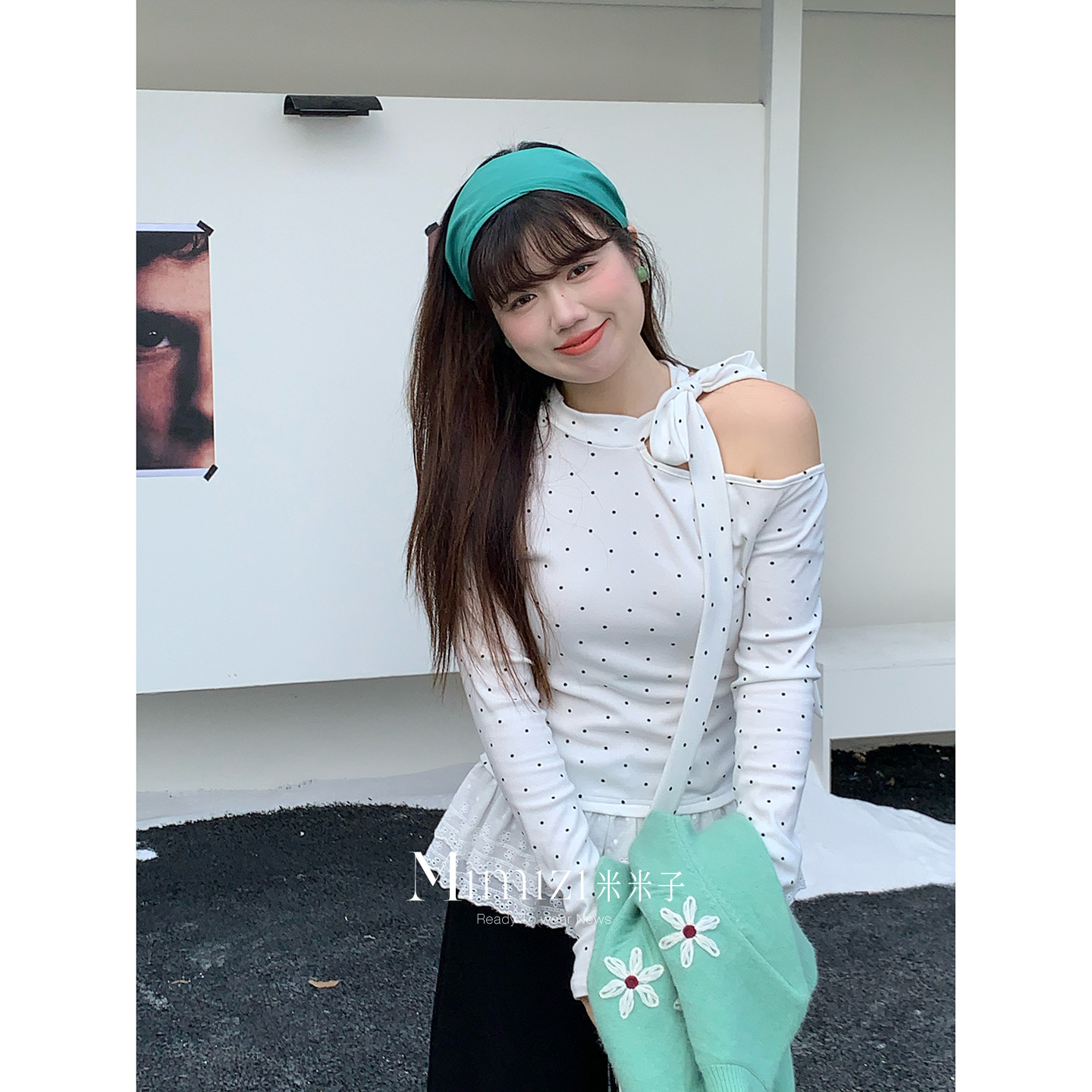 米米子微胖大码胖mm 可爱针织修身显瘦长袖波点设计款花边针织衫