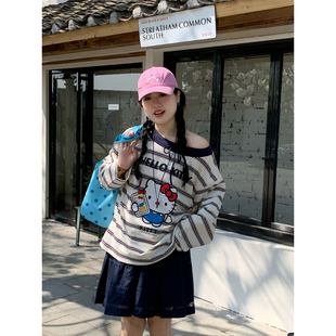 米米子微胖大码胖mm 休闲风修身KT猫印花长袖宽松圆领条纹T恤女春