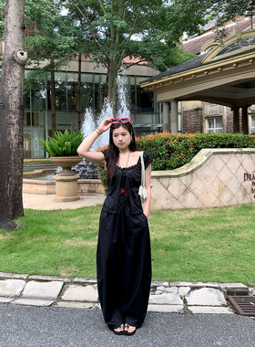 米米子微胖大码胖mm“黑檐少女”时尚气质别致独特休闲黑色套装夏
