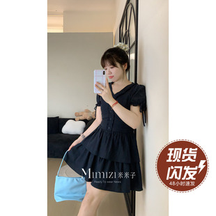 气质别致百搭花边V领收腰连衣裙短裙 甜美时尚 米米子微胖大码 胖mm