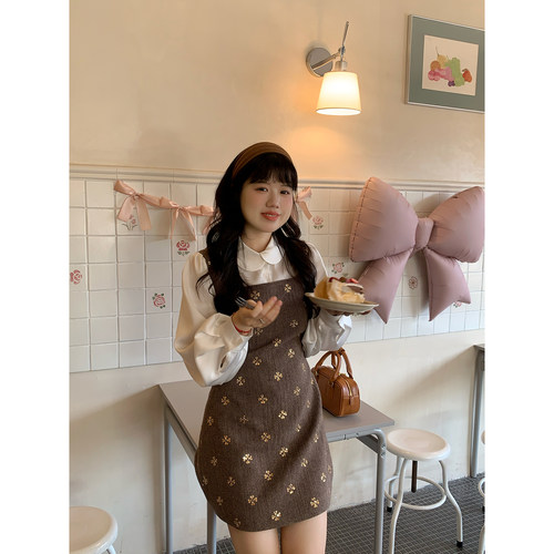 米米子微胖大码胖mm“琥珀鎏金”少女风重工手工串珠绣花衬衣套装