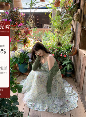 现货米米子微胖大码胖mm“花漾假日”甜美风清新是碎花吊带连衣裙