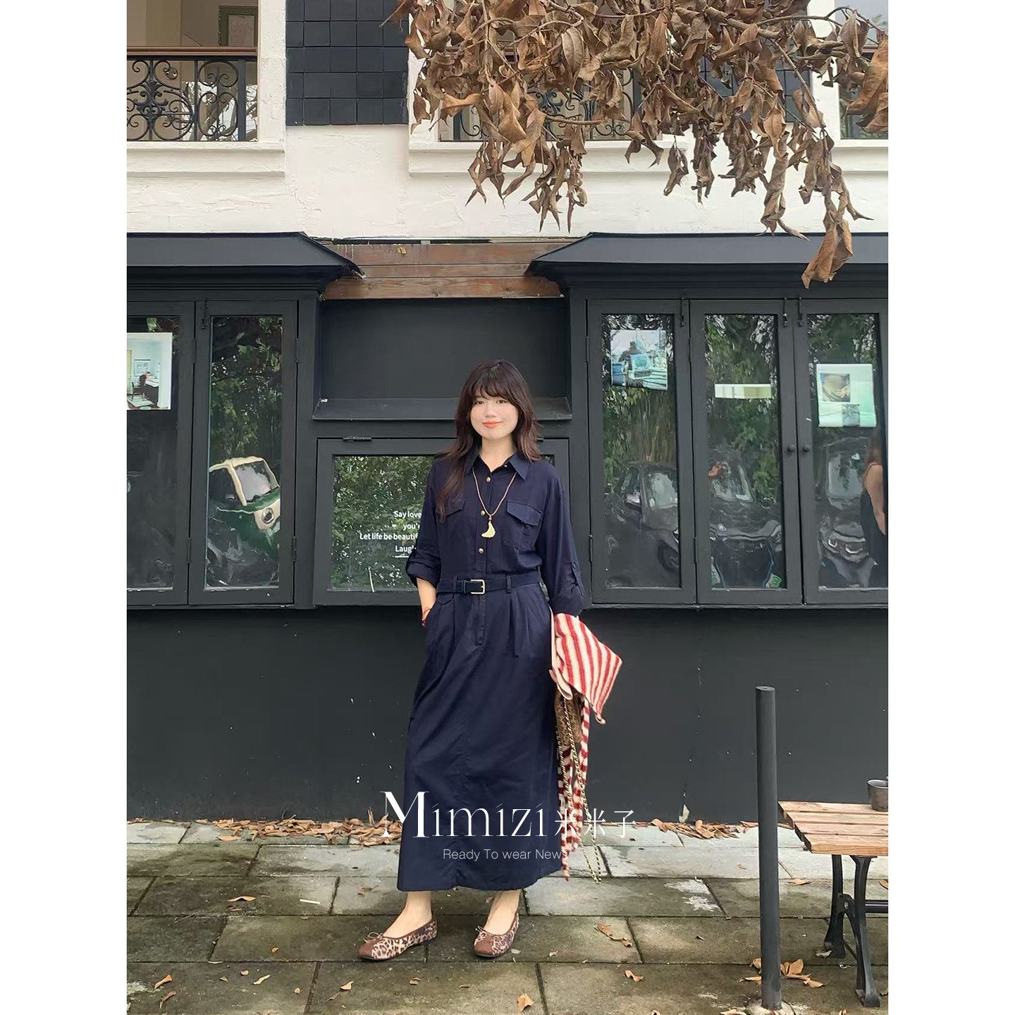 米米子微胖大码胖mm“普鲁士蓝”时尚风气质独特polo领衬衫长裙秋