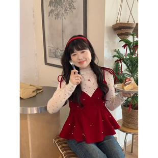 圣诞风手工钉珠红丝绒娃娃吊带 一颗苹果 米米子微胖大码 胖mm