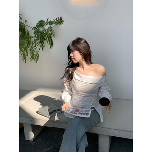 米米子微胖大码胖mm“淡人舒适区”休闲纯白斜肩收腰显瘦衬衫上衣