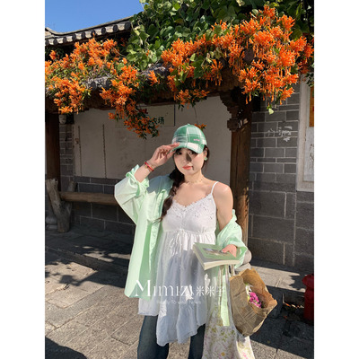 米米子微胖大码胖mm“奶白圆舞曲”宽松定制立体绣花V领吊带上衣