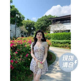现货米米子微胖大码胖mm“假日风情”法式V领碎花收腰显瘦连衣裙