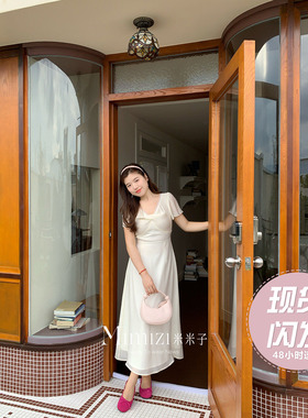 米米子微胖大码胖mm“月清银霜”甜美别致温柔纽结V领收腰连衣裙