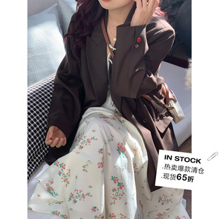 女春新款 米米子微胖大码 英伦风休闲ins棕色西装 女装 复古唱片