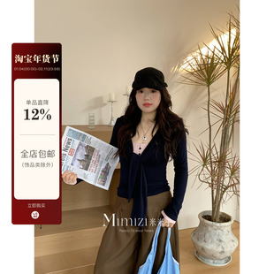 米米子微胖大码胖mm 纯欲风别致独特时尚拼色绑带假两件长袖上衣