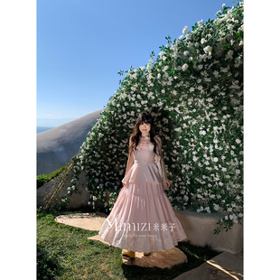 时尚 米米子微胖大码 胖mm 花宴少女 风气质定制粉色拼接半裙春新款