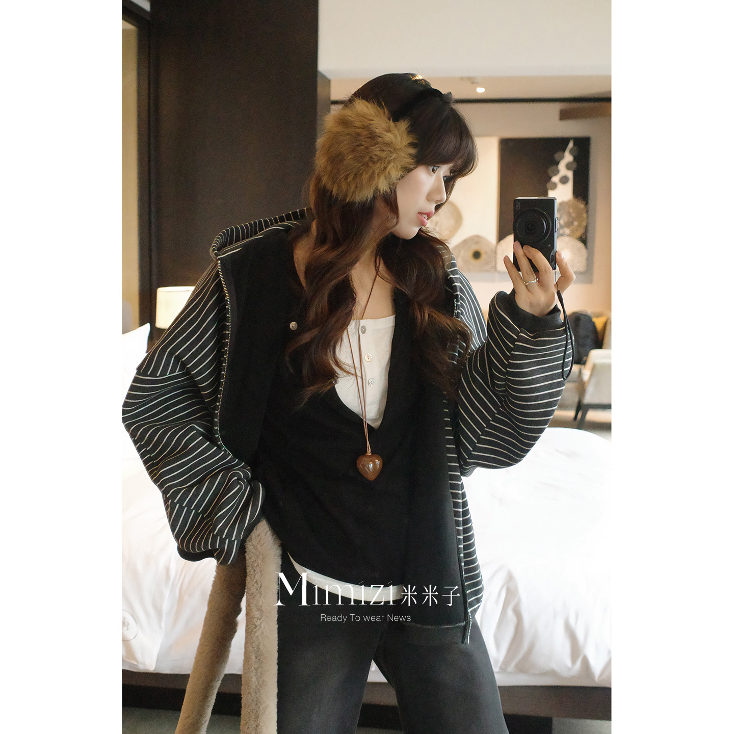 米米子微胖大码胖mm“轻松一刻”复古条纹拉链加绒卫衣开衫外套冬